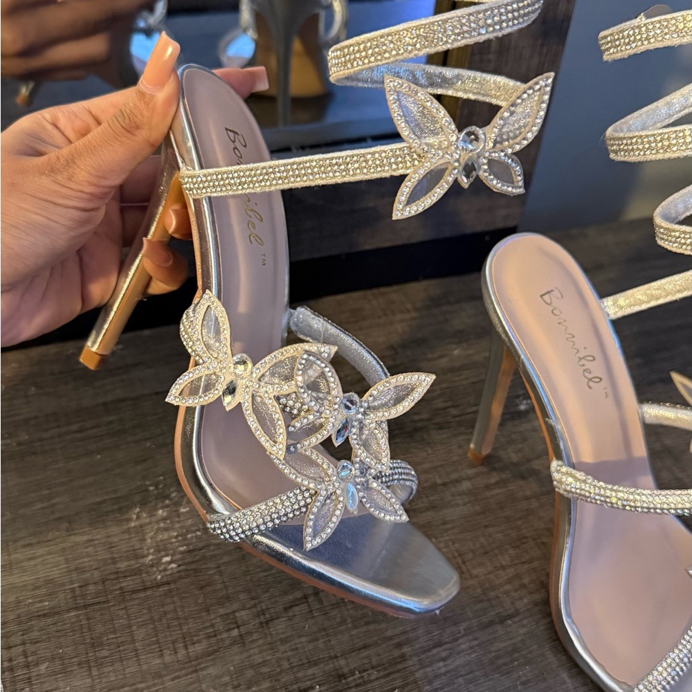 Bebe Silver Rhinestone Butterfly Heels - Picture 4 of 5